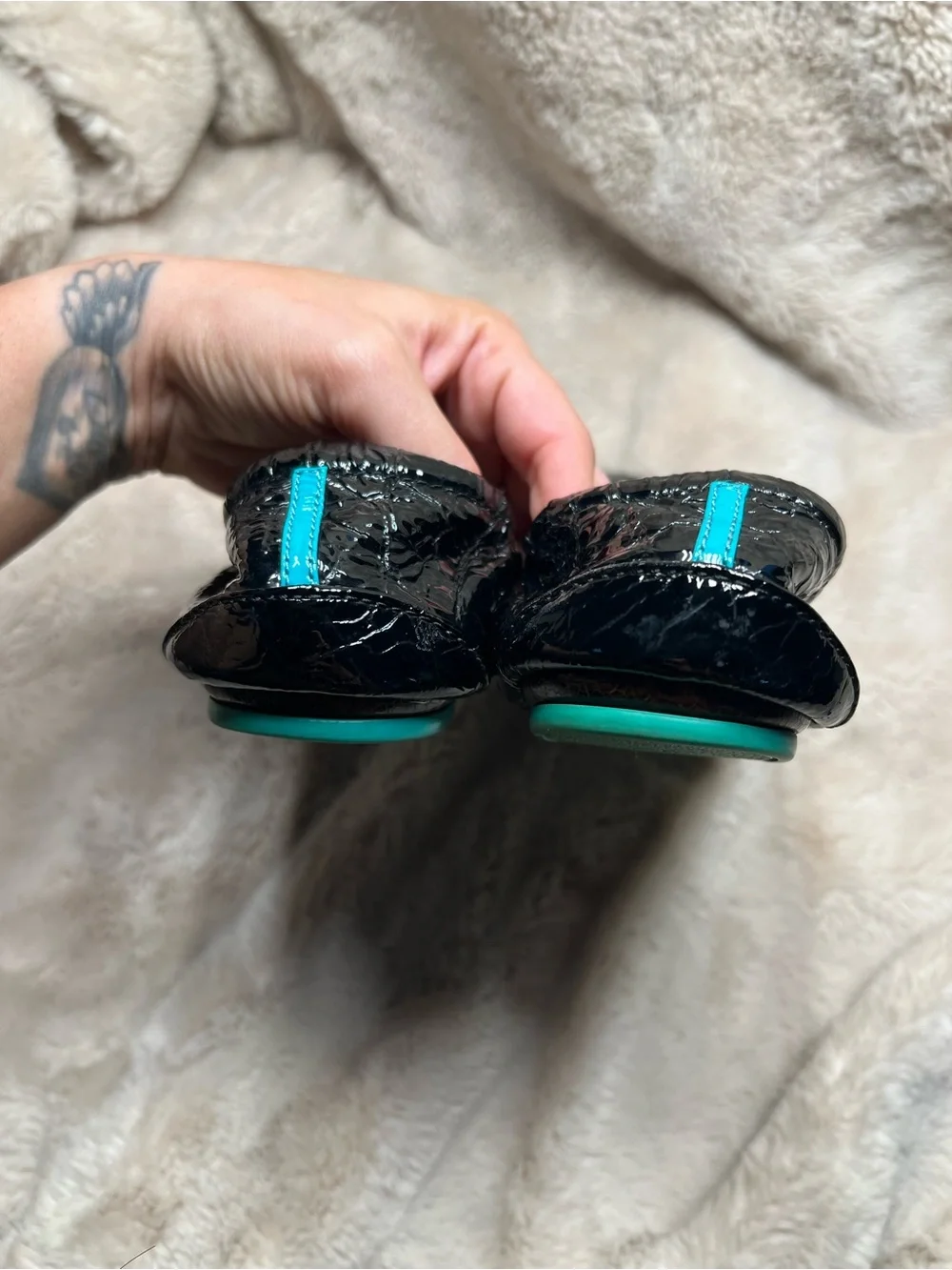 Tieks Obsidian Black Croc patent leather ballet flats size 8